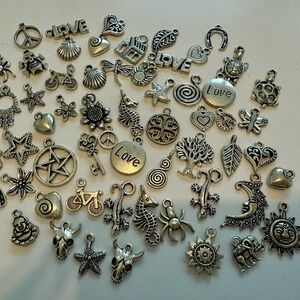 60 silver charms, assorted charms, jewelry charms